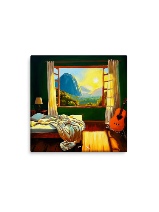 Quarto com janela aberta ao sol, violão e cama desarrumada – pintura original Talvez um Dia, inspirada na música Música de Amor Nunca Mais de BK