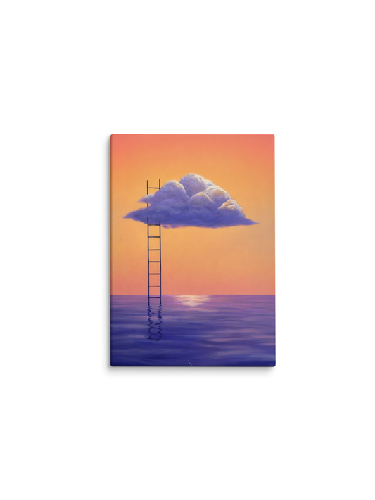 Escada que sobe do mar até uma nuvem roxa, céu alaranjado – pintura original Tarde de Lua Cheia, inspirada na música Analua de Armandinho