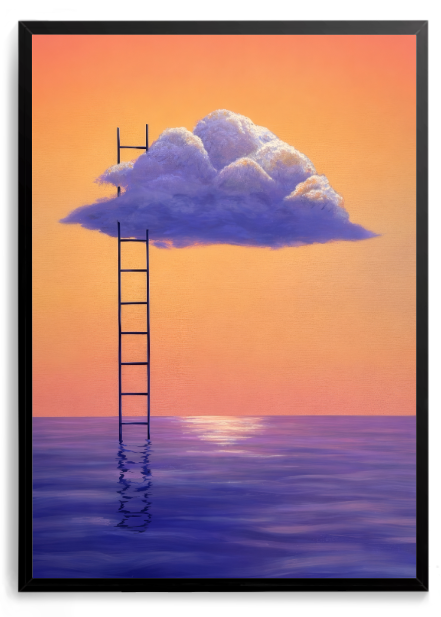 Escada saindo do mar roxo em direção a uma nuvem, céu alaranjado ao entardecer – quadro decorativo Tarde de Lua Cheia, inspirado na música Analua de Armandinho