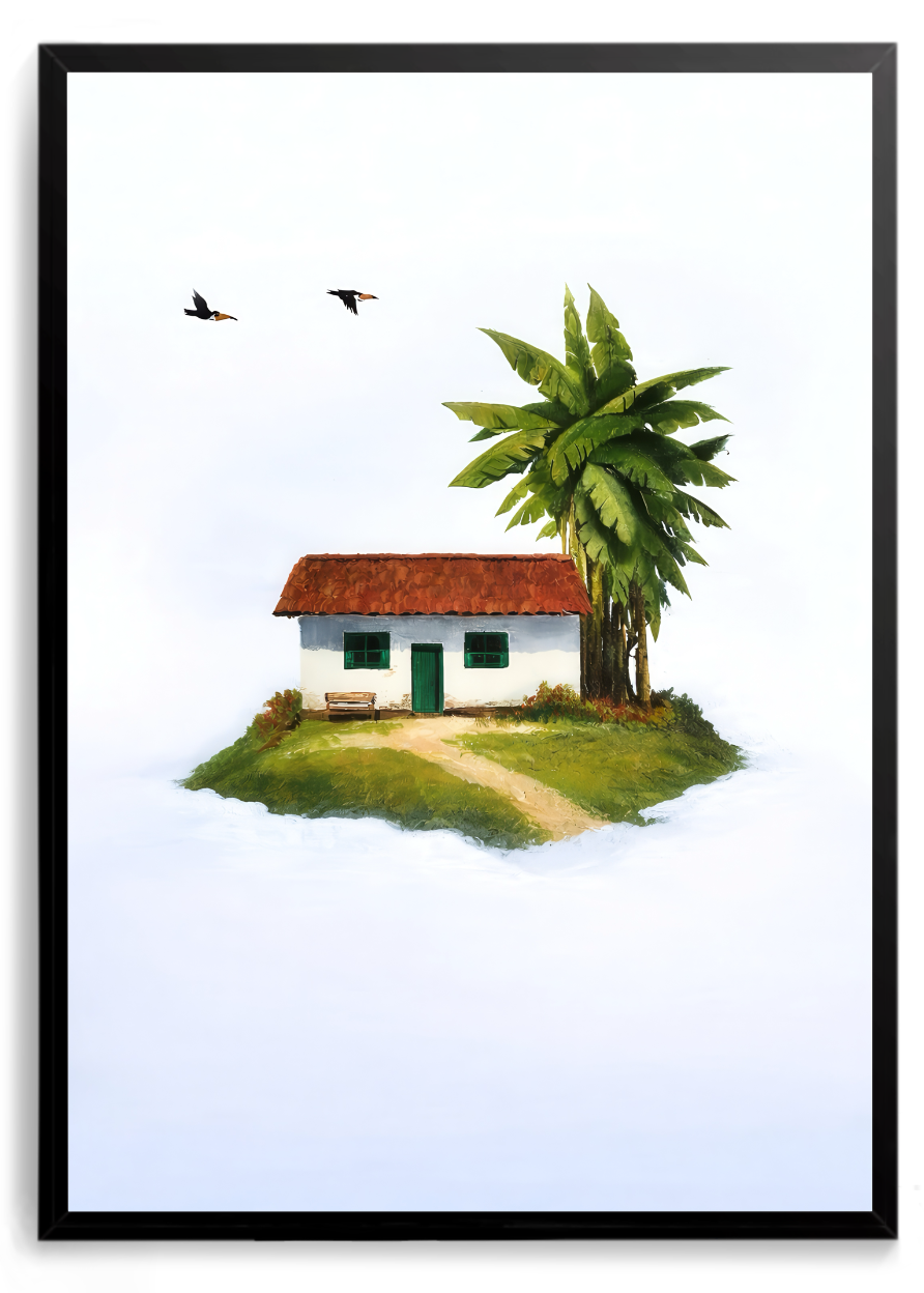 Casinha branca com telhado vermelho e coqueiro sobre uma pequena ilha, fundo claro – quadro decorativo Vila Pessoal, inspirado na música Vilarejo de Marisa Monte