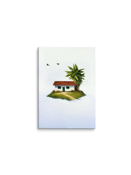 Casa com palmeira em uma ilha flutuante, fundo branco – pintura original Vila Pessoal, inspirada na música Vilarejo de Marisa Monte