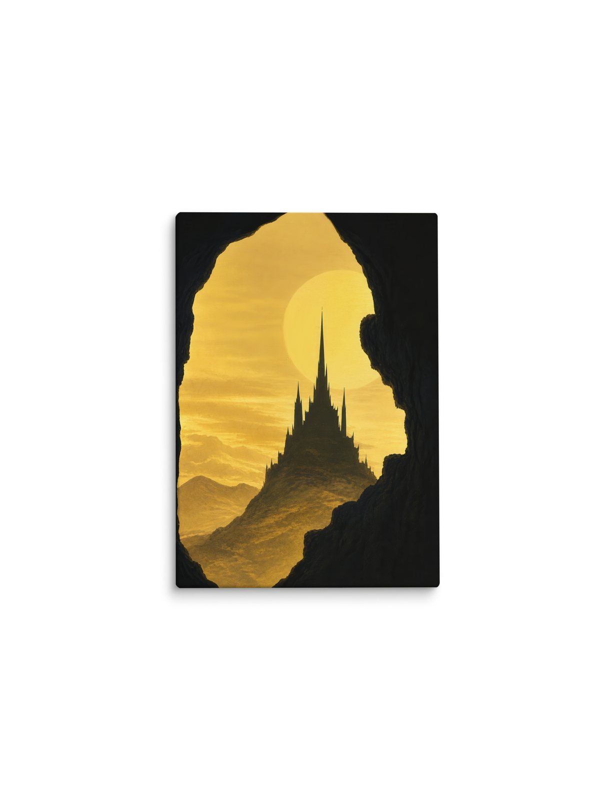 Castelo em ruínas visto de dentro de uma caverna, sol amarelo ao fundo – pintura original Visão das Ruínas, inspirada no álbum Castelos e Ruínas de BK