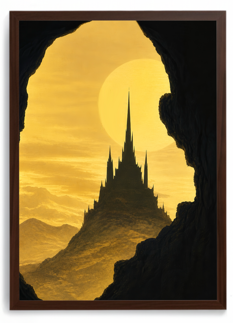 Castelo com torres pontudas em silhueta negra emoldurando um céu e lua dourados – quadro decorativo Visão das Ruínas, inspirado na música Castelos e Ruínas de BK